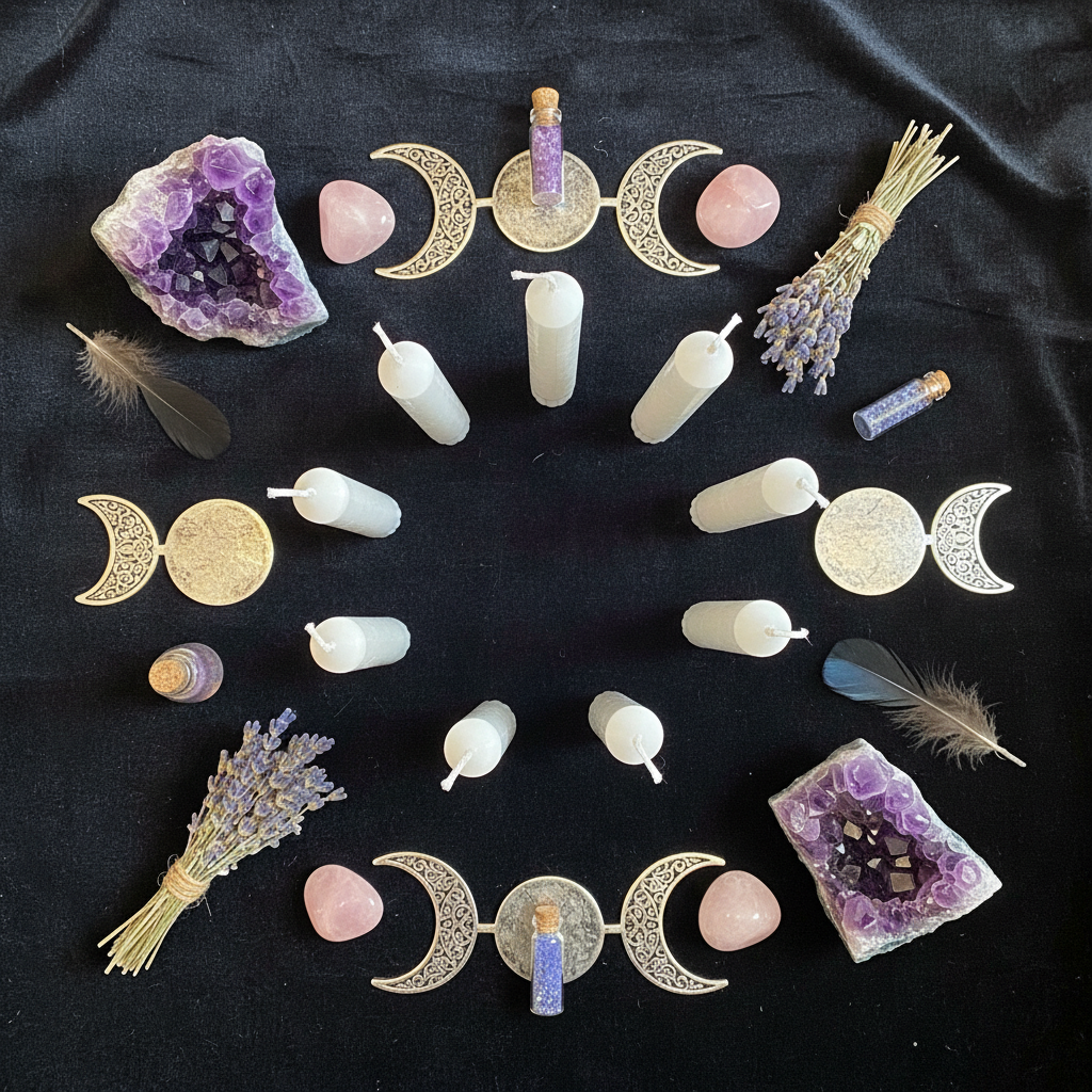 Candele Bianche 20cm - flat lay rituale con cristalli