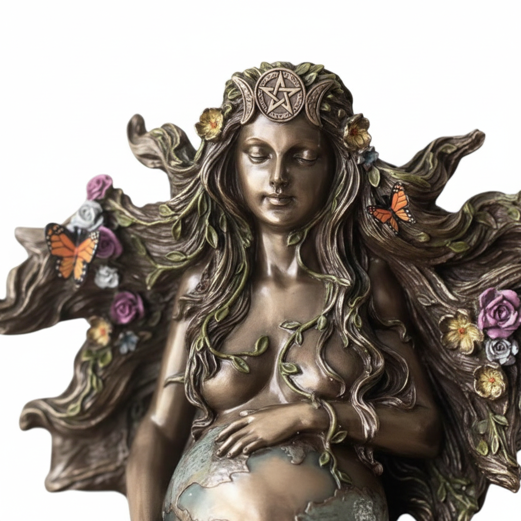 Close-up dettaglio statua Gaia viso e corona