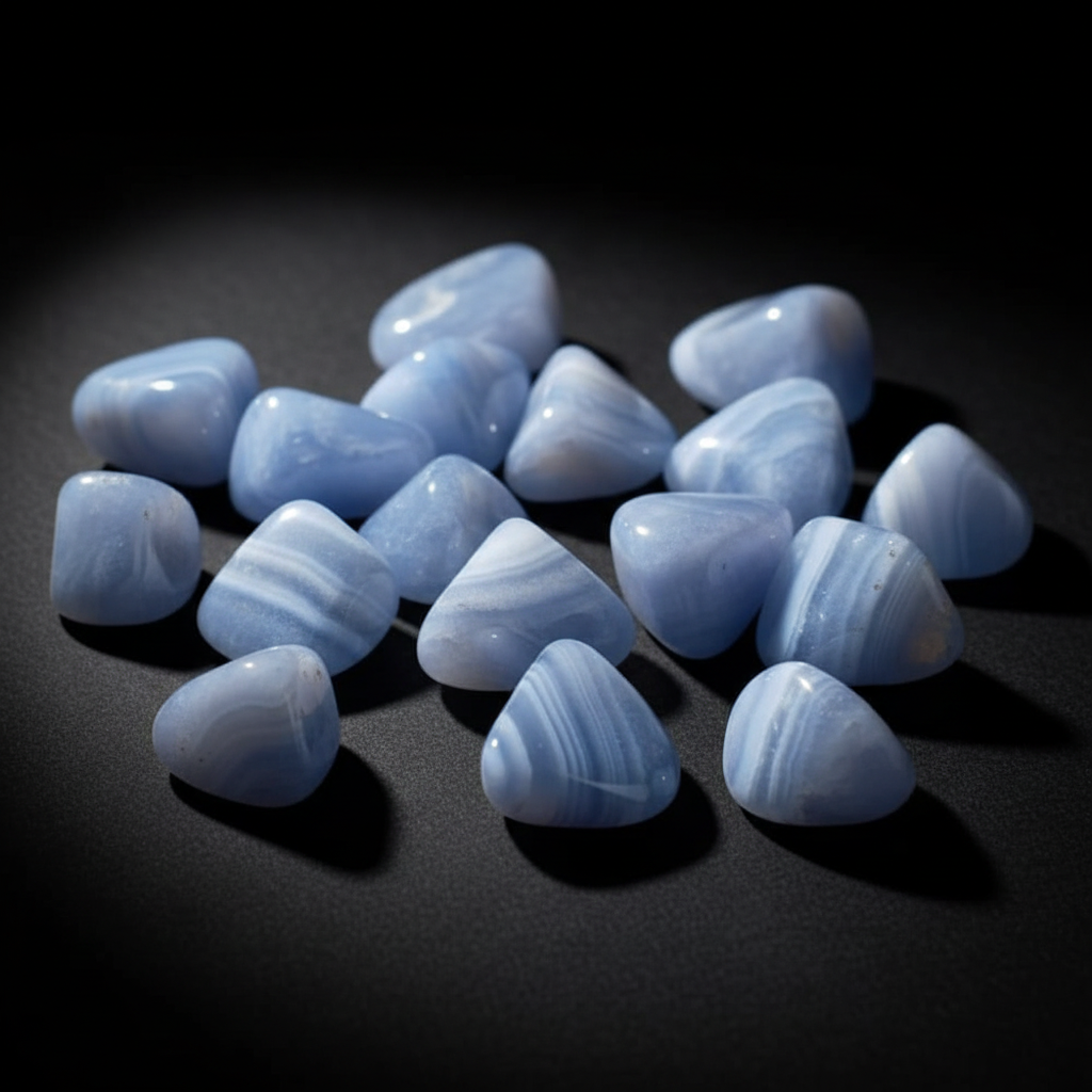 Pietre burattate di agata blue lace su sfondo nero opaco