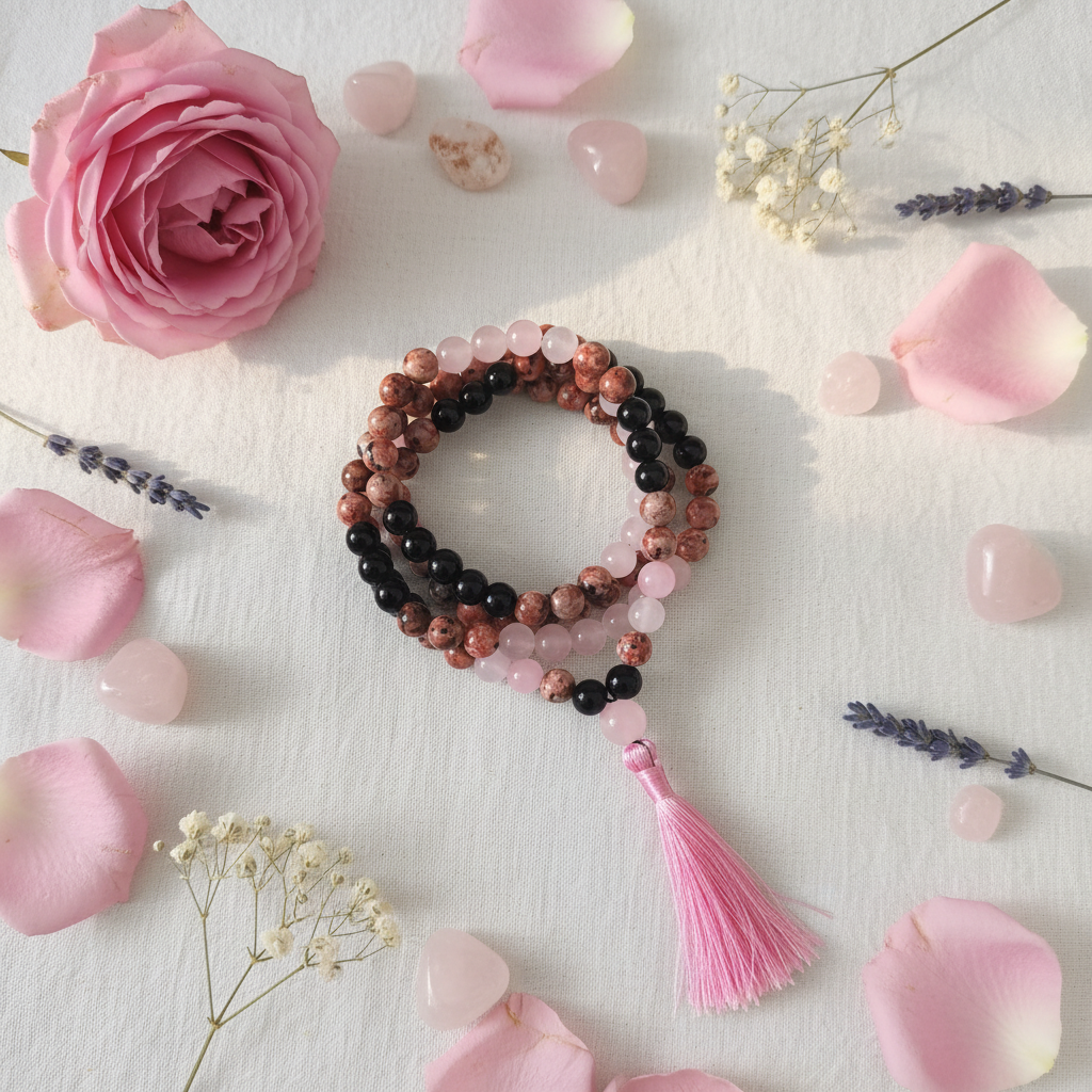 Japamala apatite africana rosa con fiori e cristalli