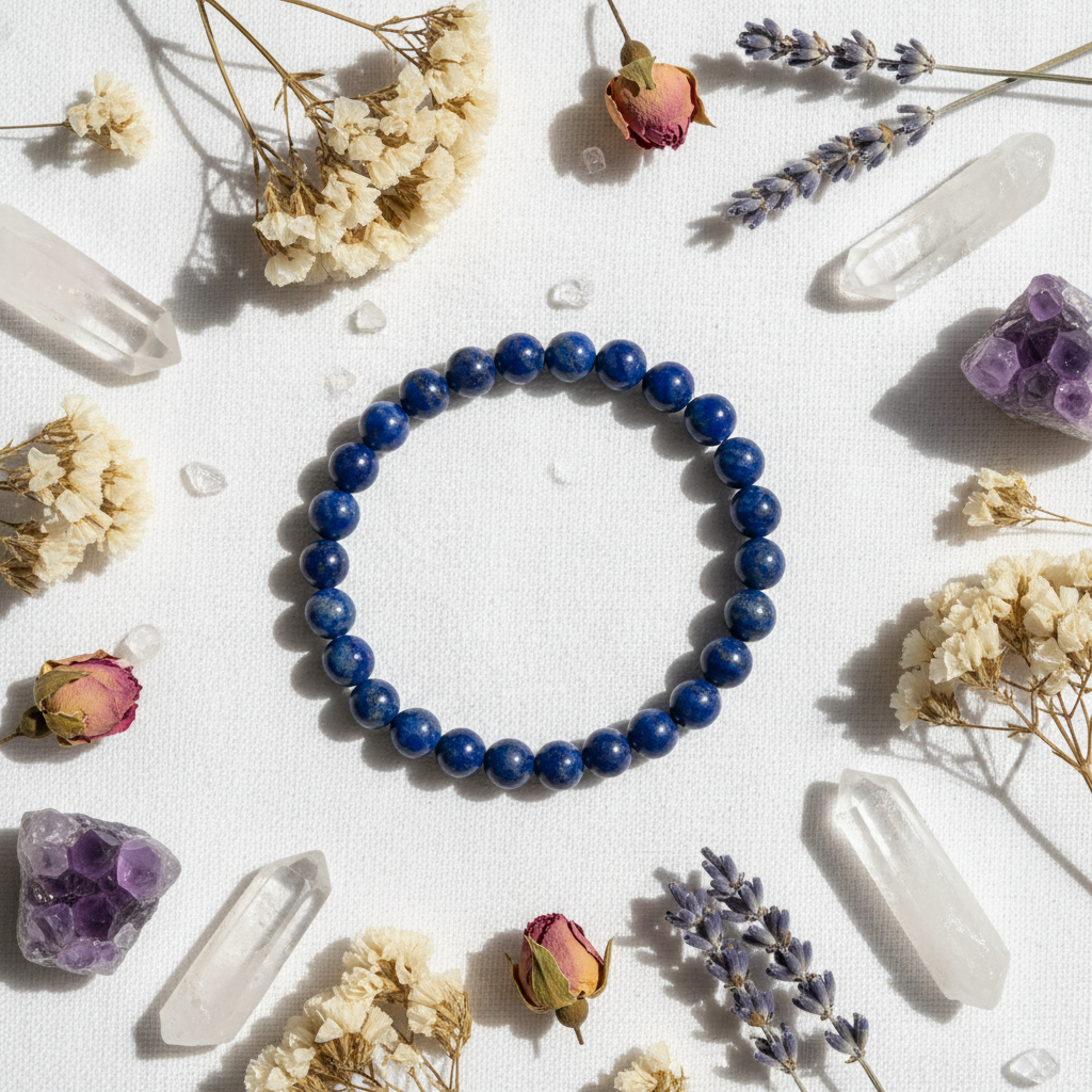 Bracciale lapislazzuli su lino con fiori e cristalli