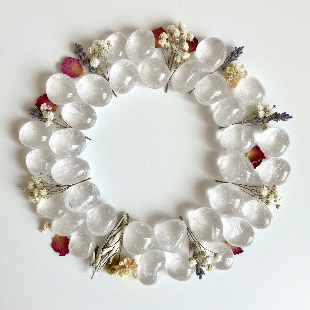 Cristallo di rocca con fiori secchi e salvia