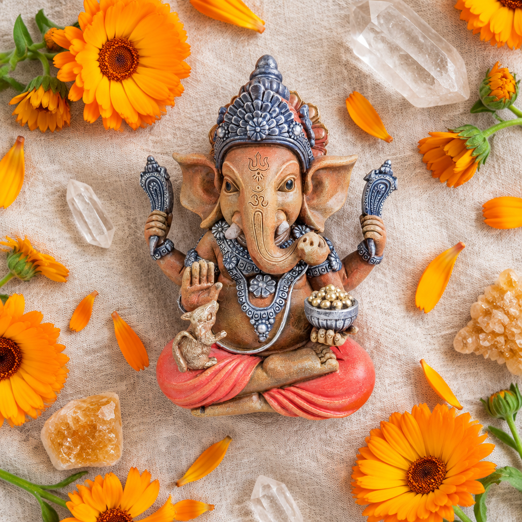 Statua di Ganesh in resina su lino con fiori arancioni e cristalli