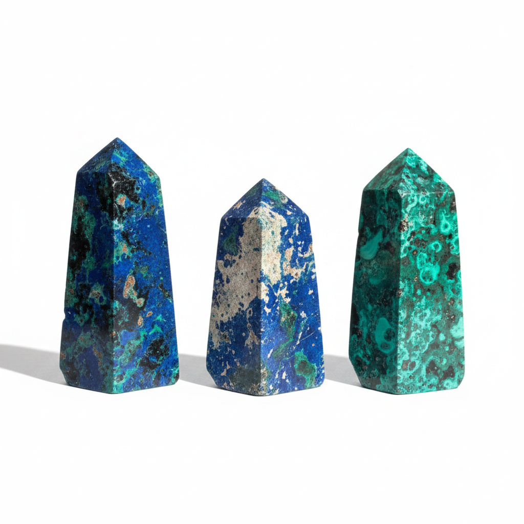 Torri di azzurrite e malachite su sfondo bianco studio