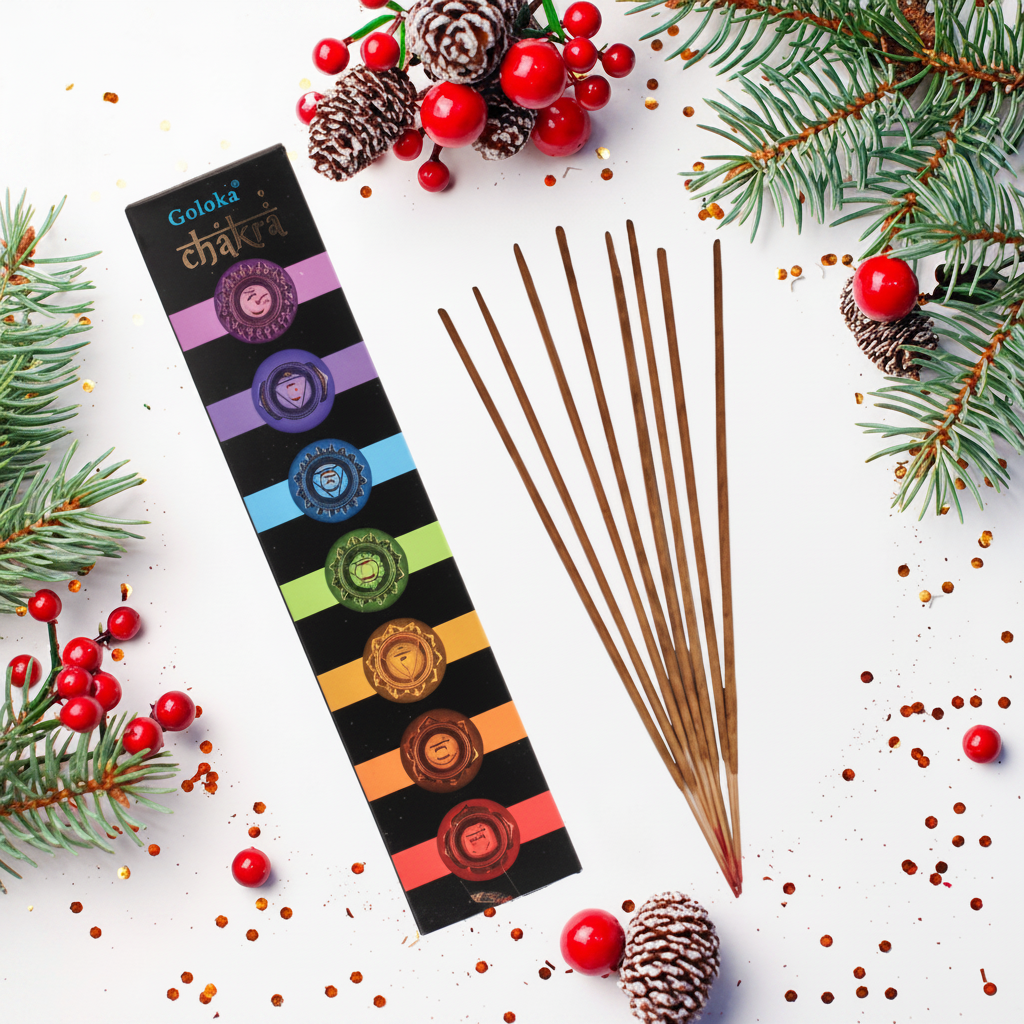 Goloka Chakra Incense - box verticale a sinistra con stick natalizi
