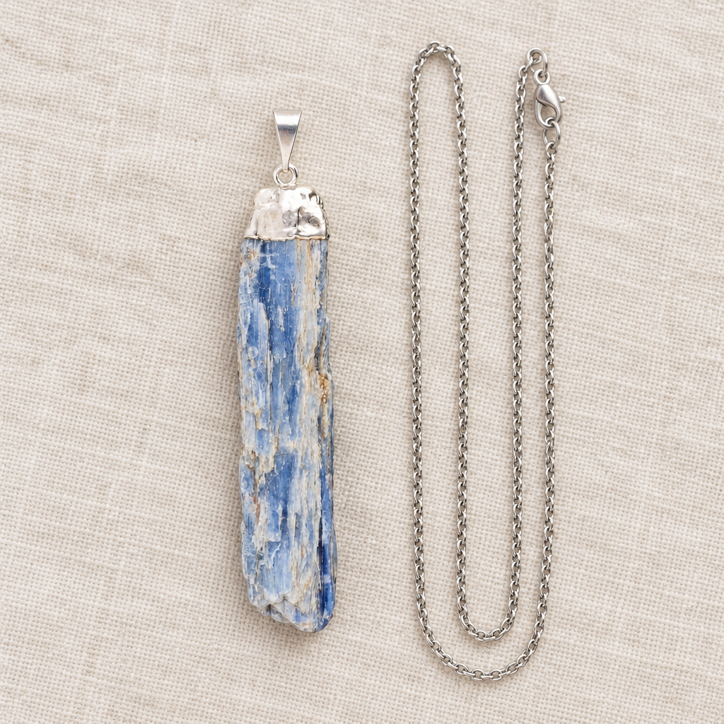 Collana con cianite grezza su lino
