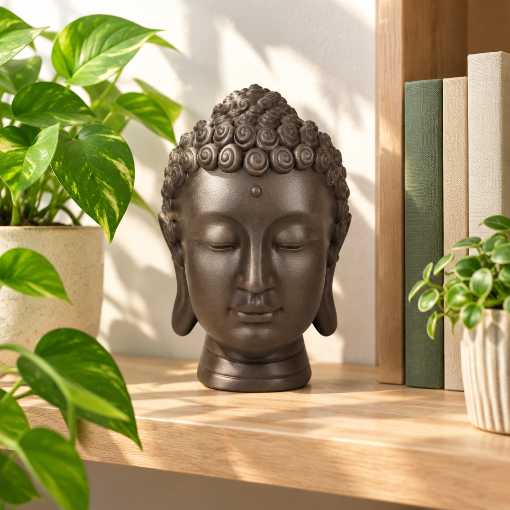 Testa di Buddha su mensola con piante e libri