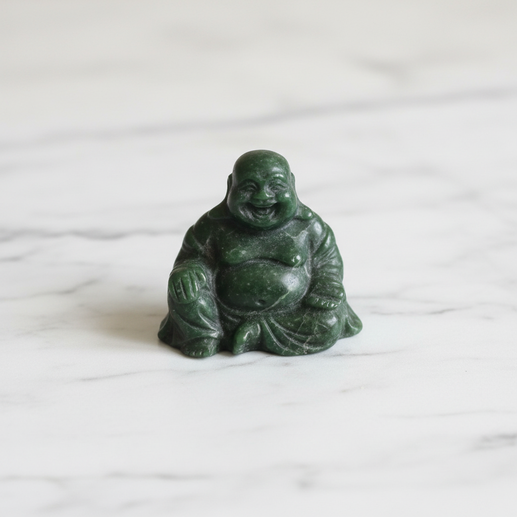 Buddha Piccolo in Giada Verde - flatlay su marmo