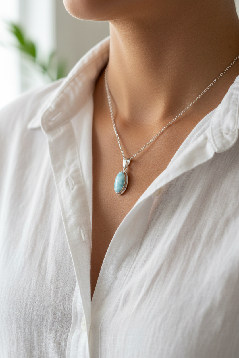 Collana con Ciondolo Ovale in Argento e Larimar Naturale