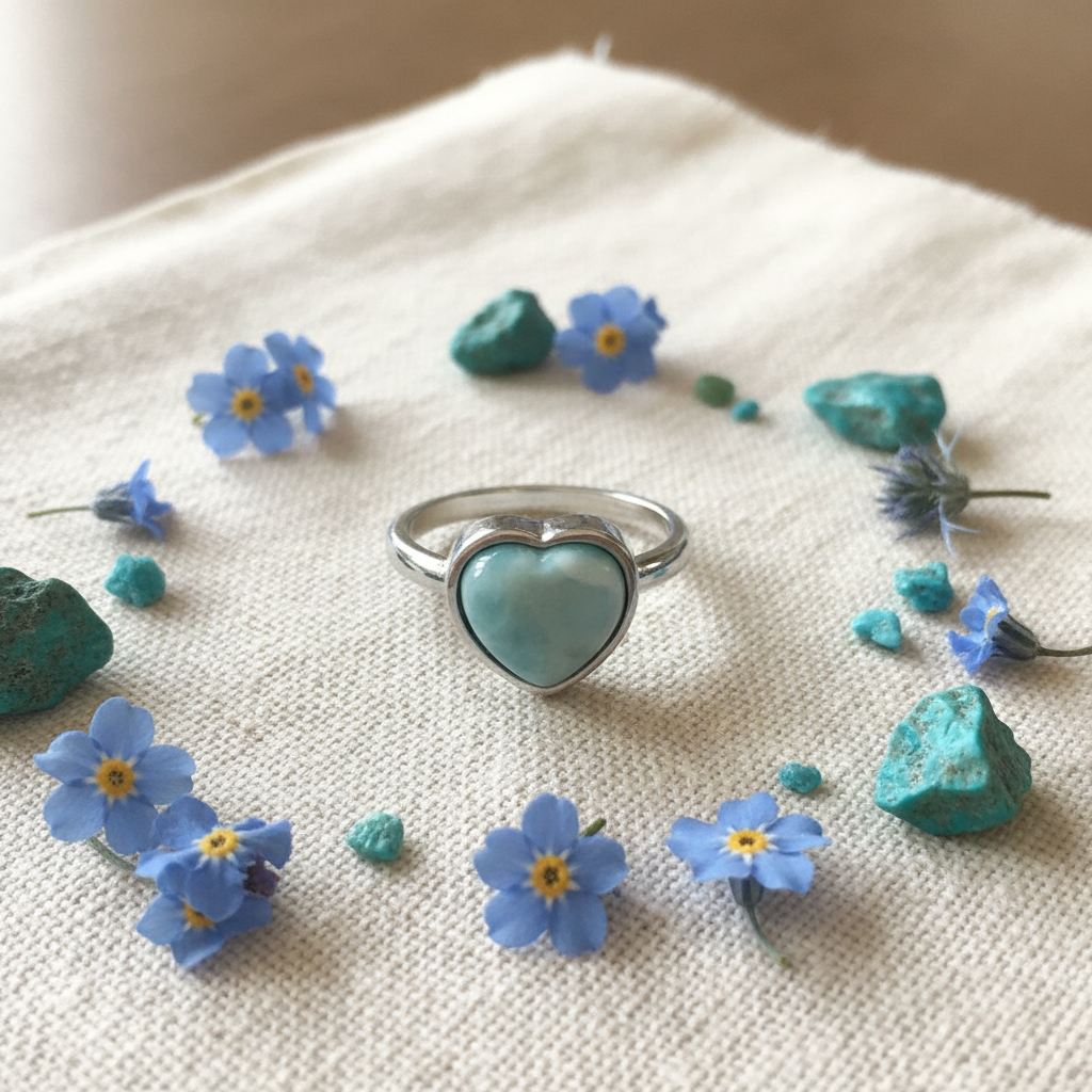 Anello larimar cuore composizione fiori