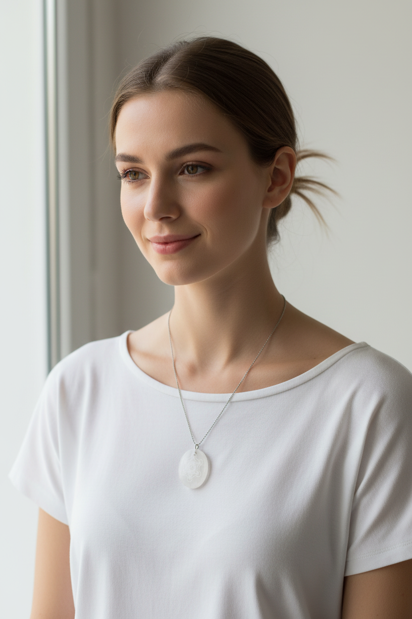 Collana selenite Metatron indossata donna luce naturale