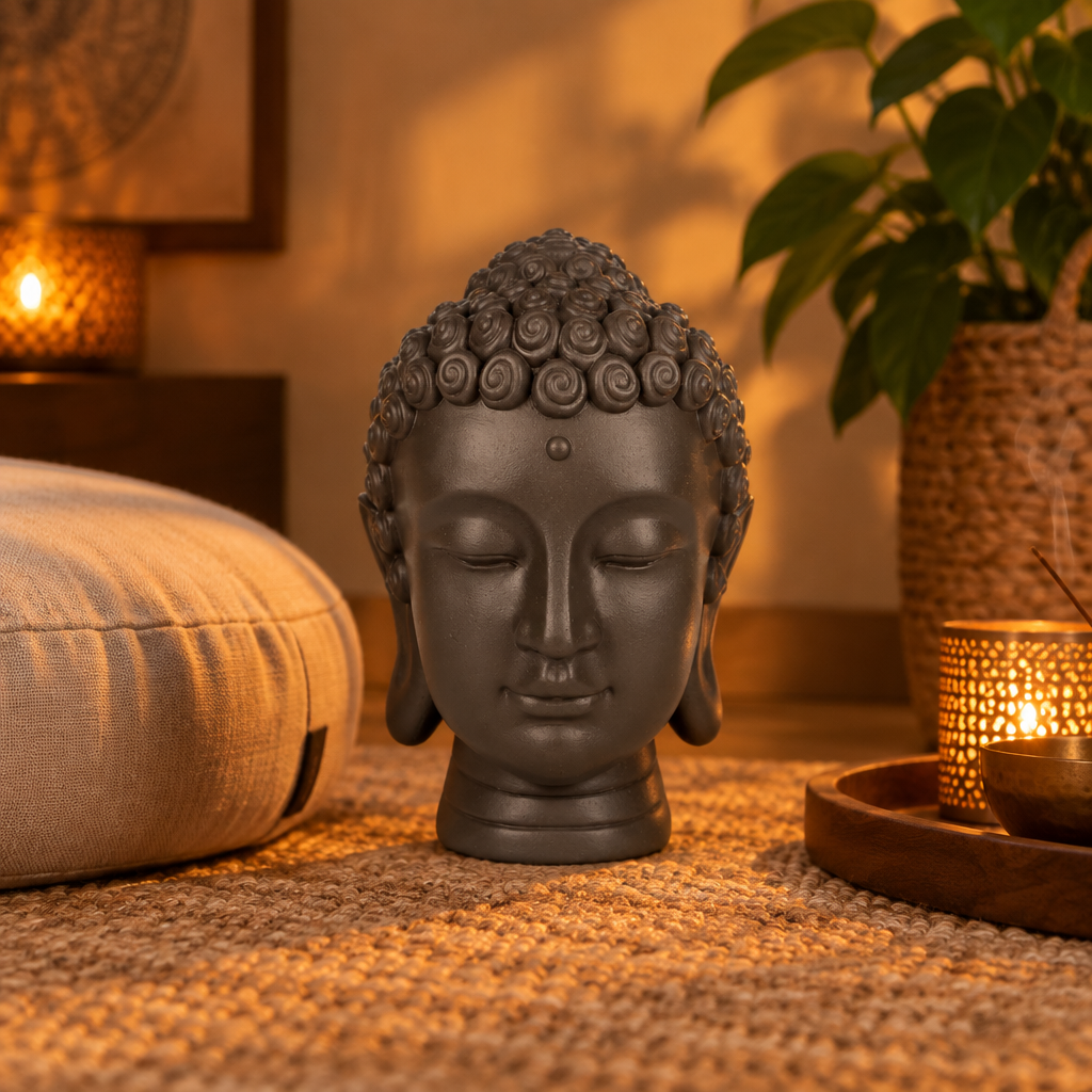 Testa di Buddha in angolo di meditazione