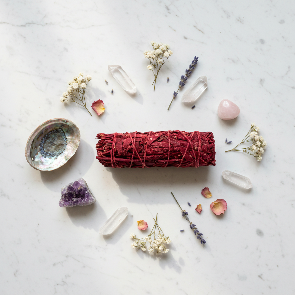 Fascio Salvia Bianca Sangue di Drago - flat lay marmo