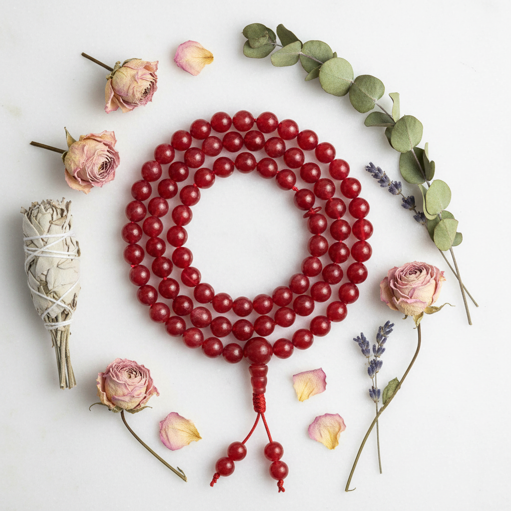 Mala agata rosa con fiori secchi e salvia