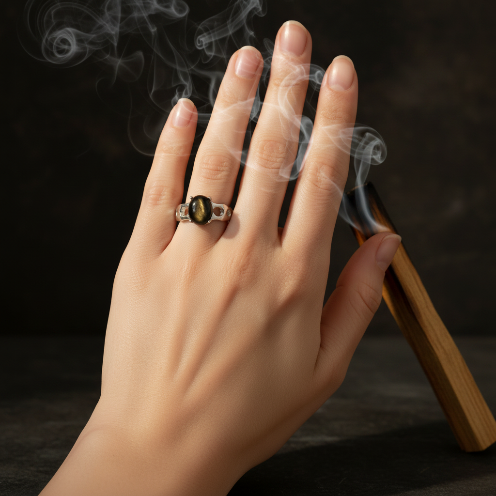 Anello ossidiana gold palo santo