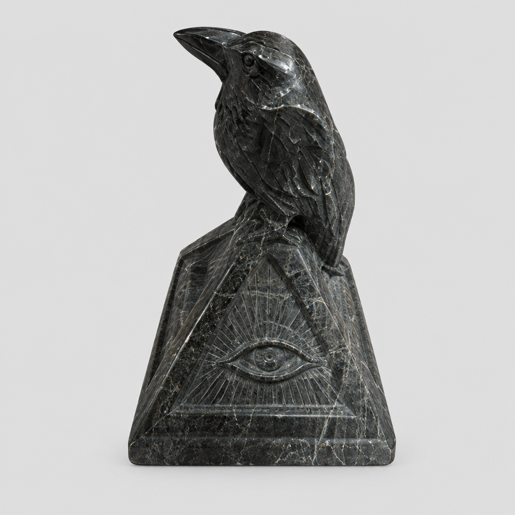 Corvo su piramide in ossidiana silver su grigio chiaro