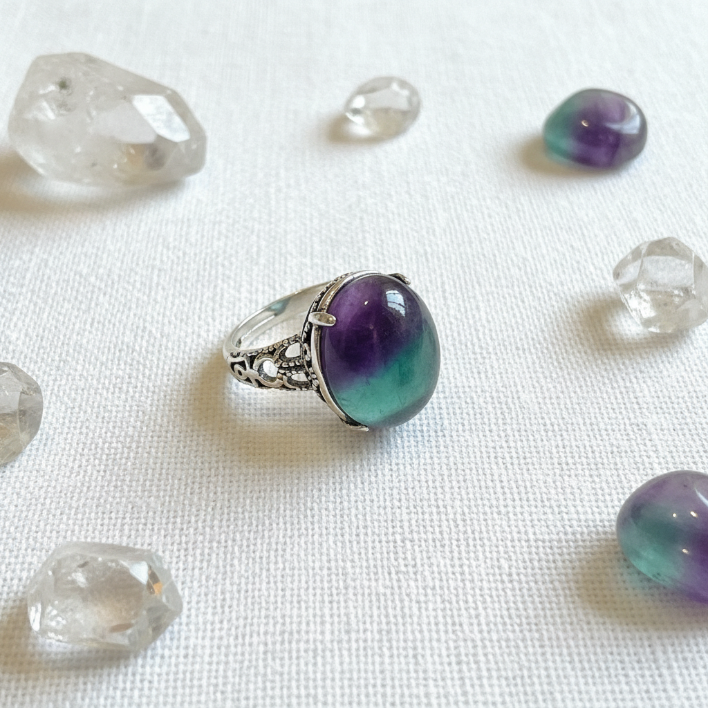 Anello fluorite arcobaleno flat lay - fedele originale