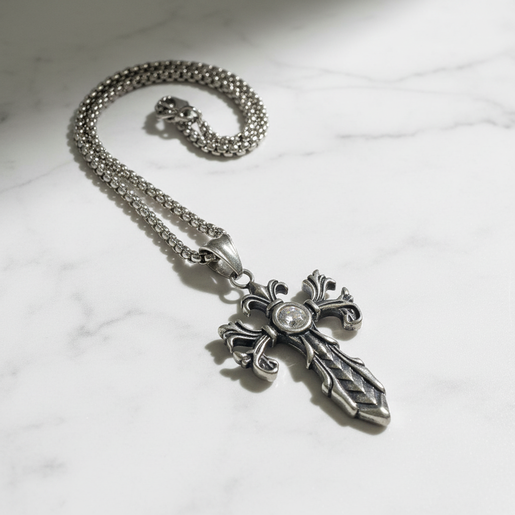 Collana Croce Gotica con Zircone su marmo bianco