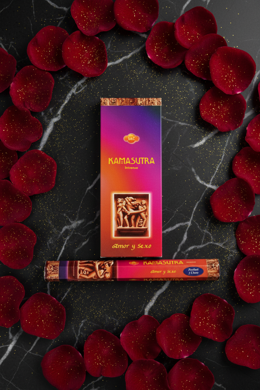 SAC Kamasutra Incense - flatlay dall'alto su marmo nero con petali