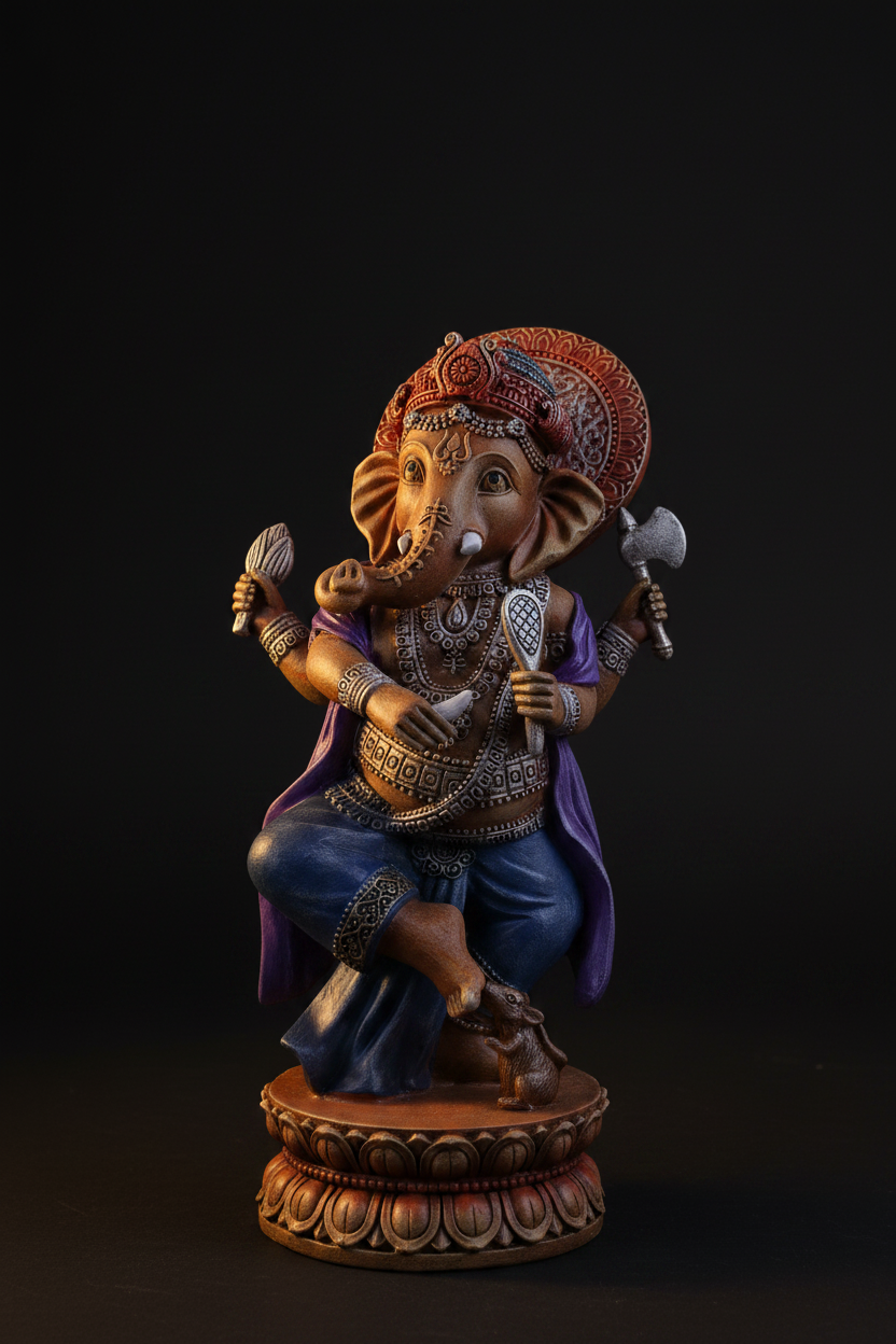 Statua Ganesha danzante full body verticale con luce dorata