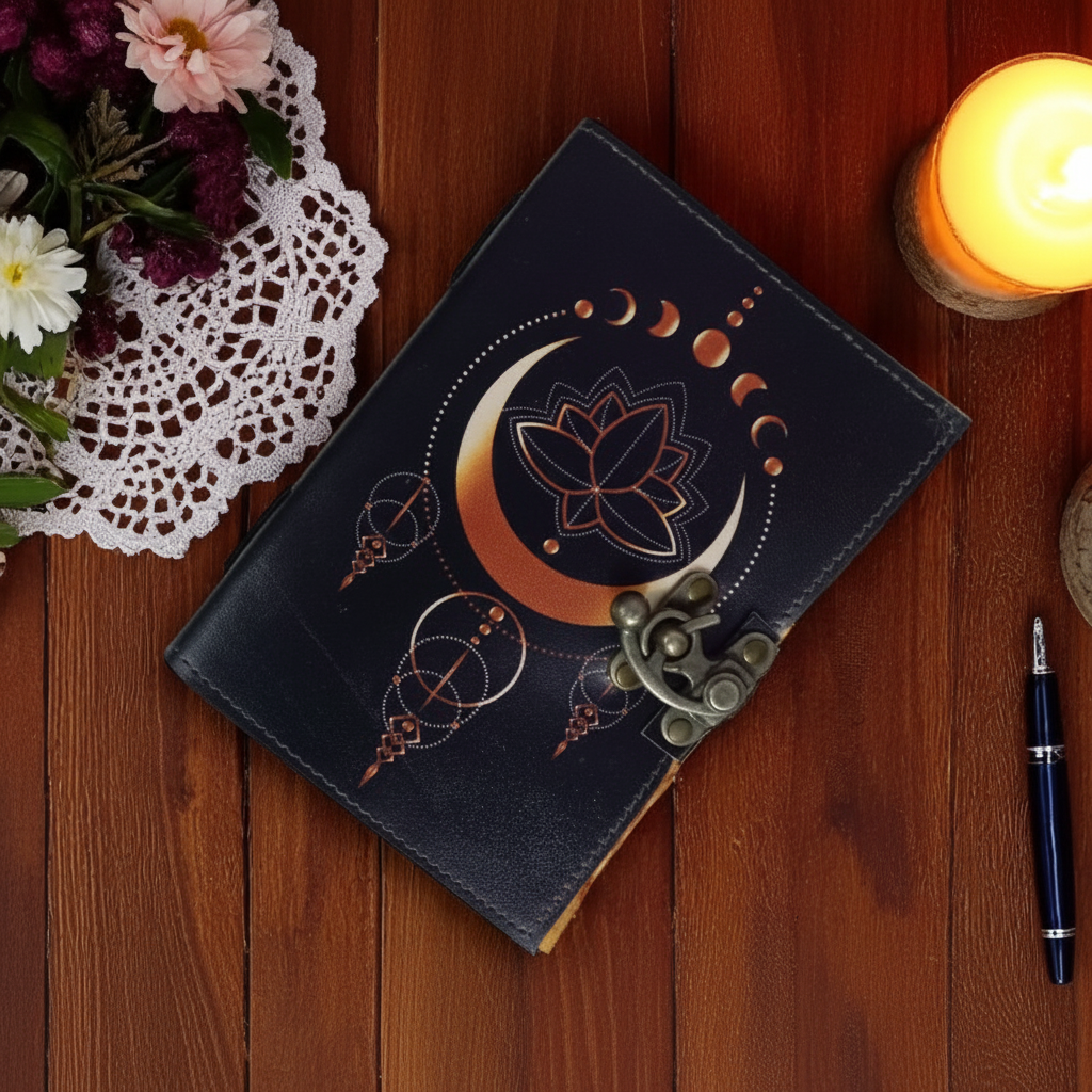 Grimorio Luna Crescente e Loto - flatlay legno scuro con fiori e merletto