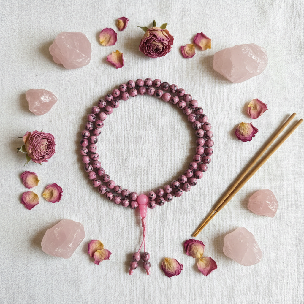 Japamala perle rosa screziata guru bead rosa - composizione fiori e cristalli