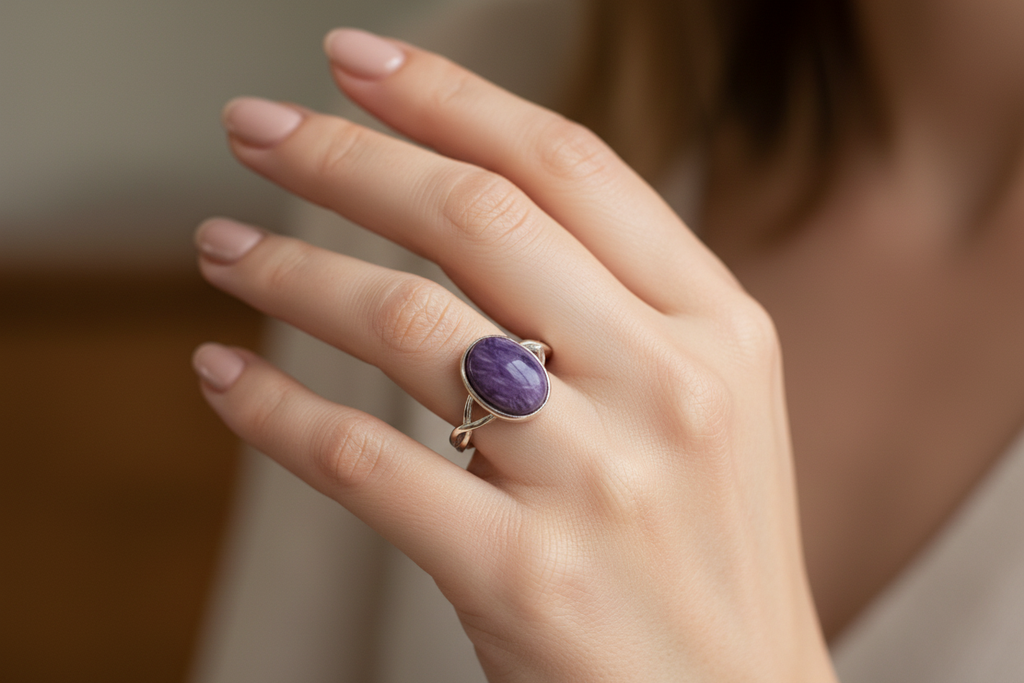 Anello charoite indossato - lifestyle shot