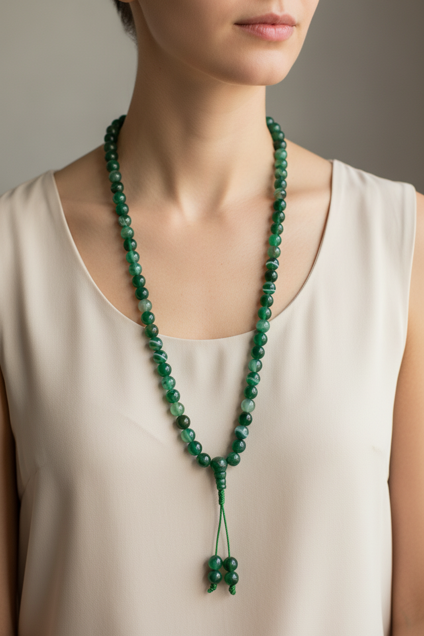 Mala tibetano agata verde striata - indossato come collana