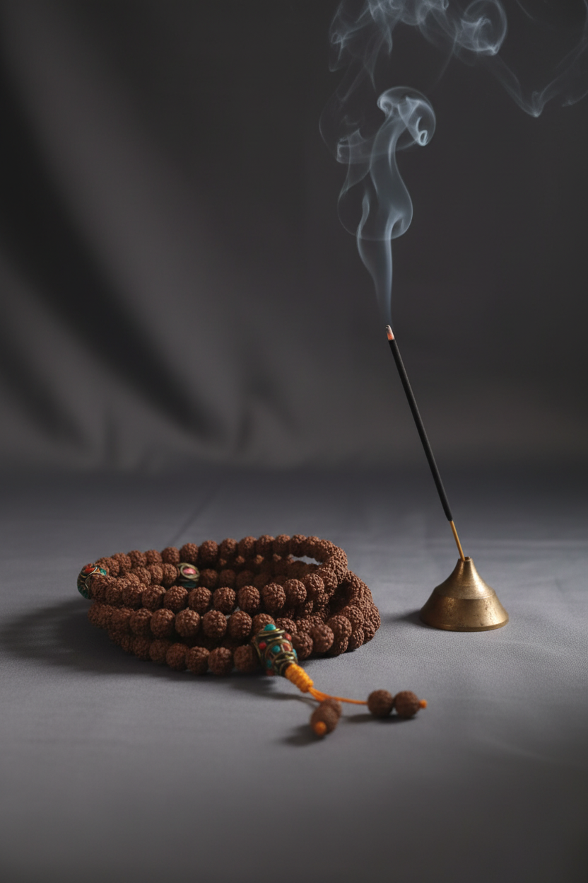 Japamala rudraksha separatori ottone tibetano - con incenso e fumo