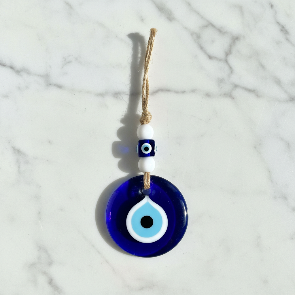 Occhio nazar vetro blu - flatlay marmo bianco