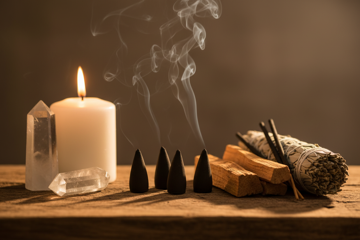Coni Palo Santo - altare purificazione con candela bianca e quarzo