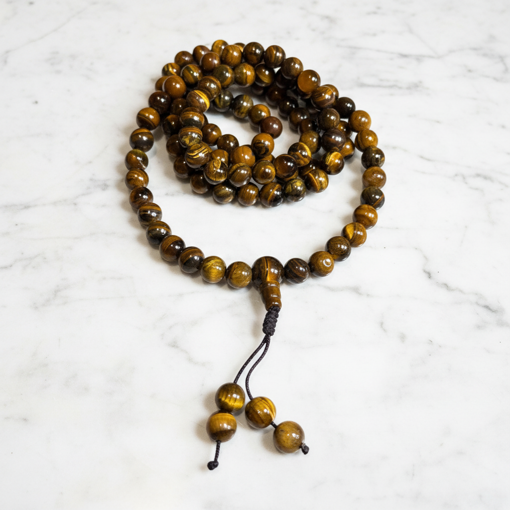 Mala occhio di tigre flatlay su marmo