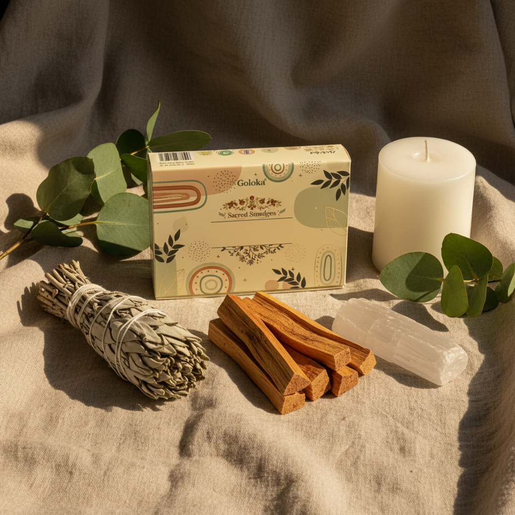 Lifestyle lino naturale con palo santo e salvia