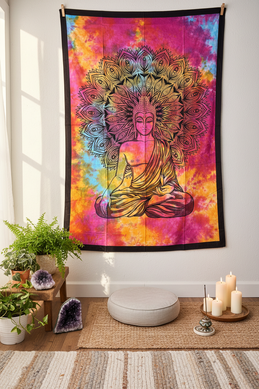 Telo Buddha mandala pavone appeso in stanza boho