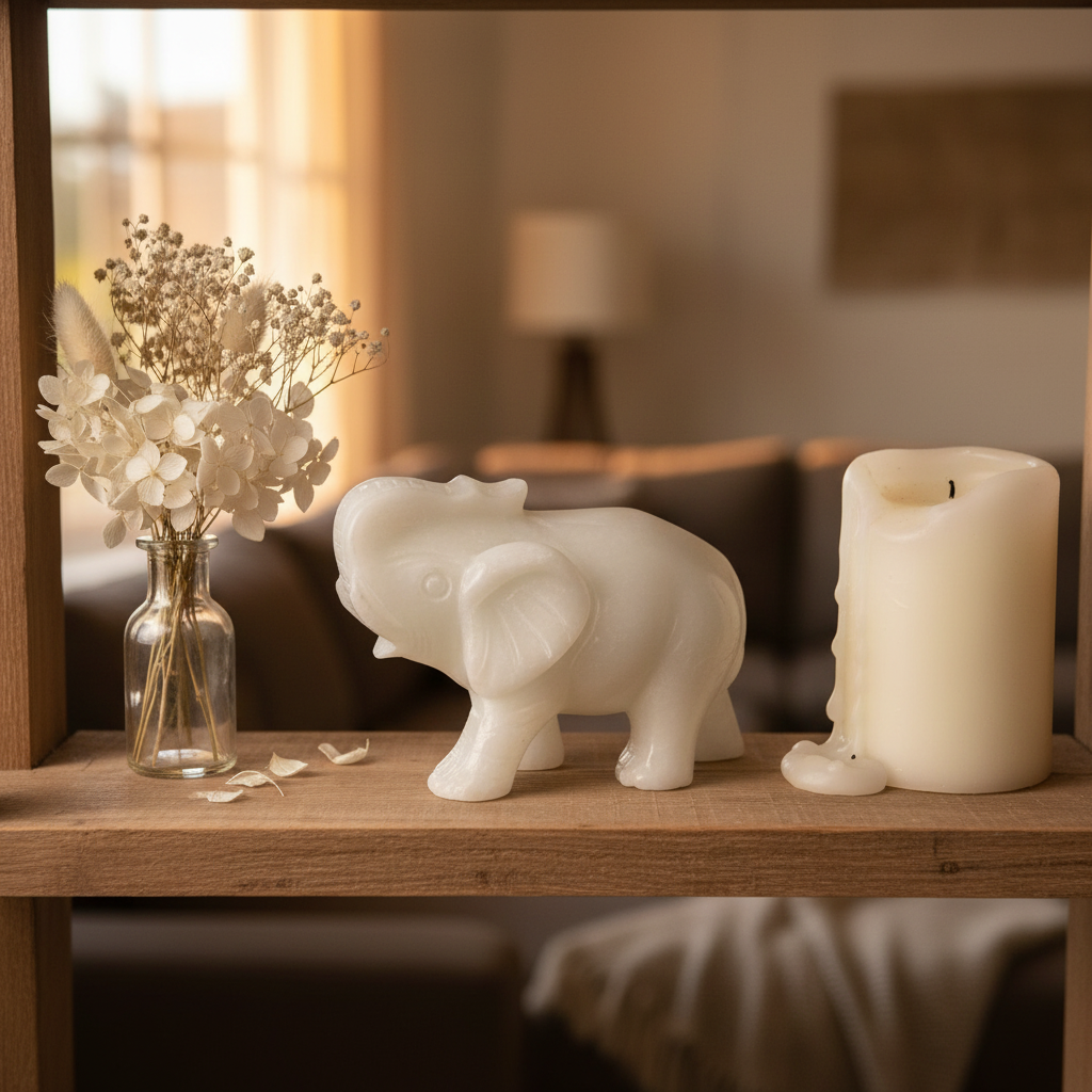 Elefante Portafortuna in Giada Bianca - lifestyle mensola