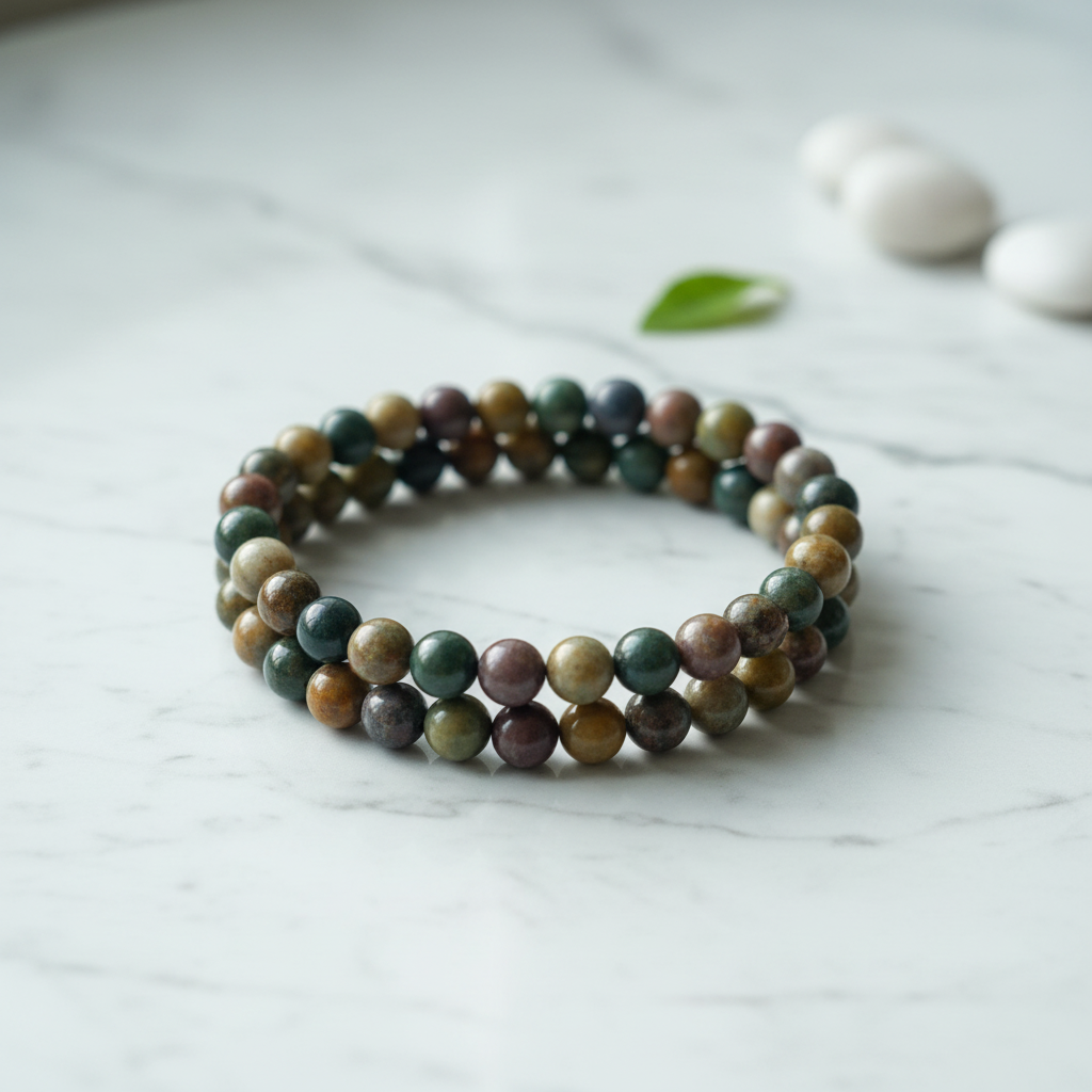 Bracciale Diaspro Oceano - Product shot su marmo