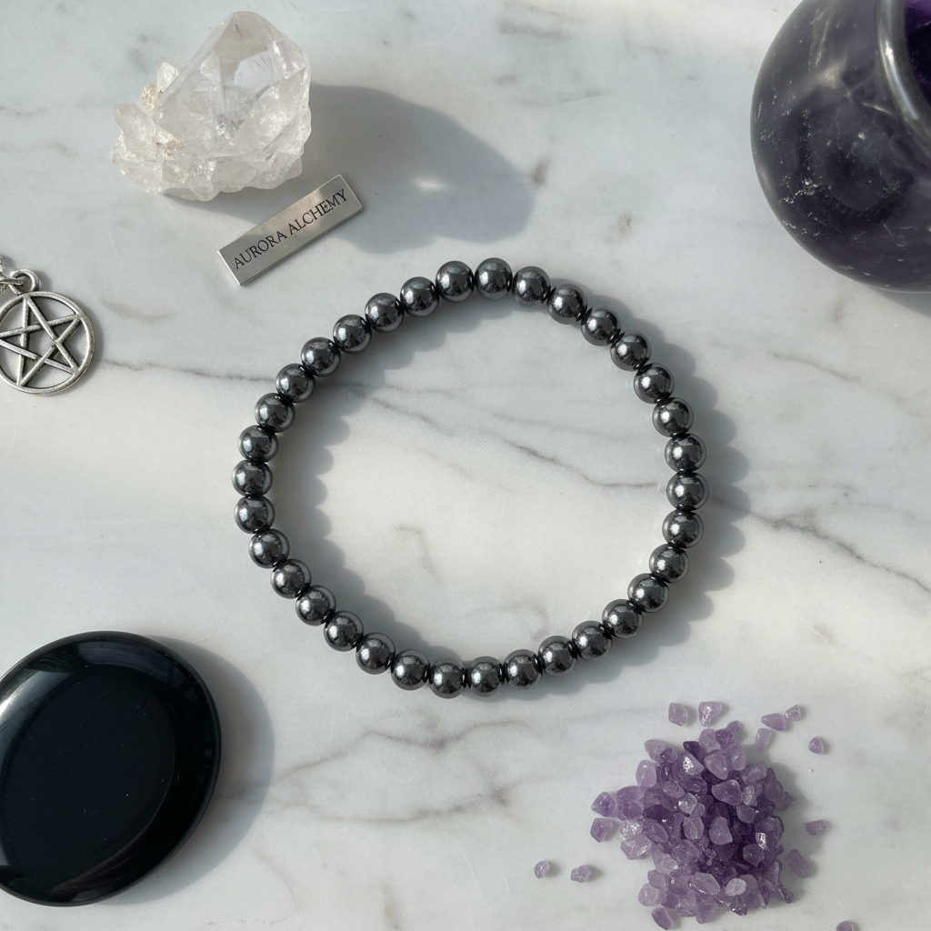 Bracciale Ematite 8mm - flat lay con cristalli