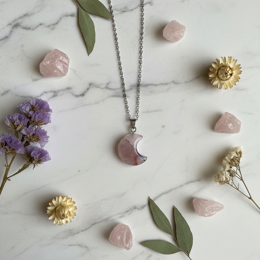 Collana Luna Quarzo di Fuoco - flatlay su marmo