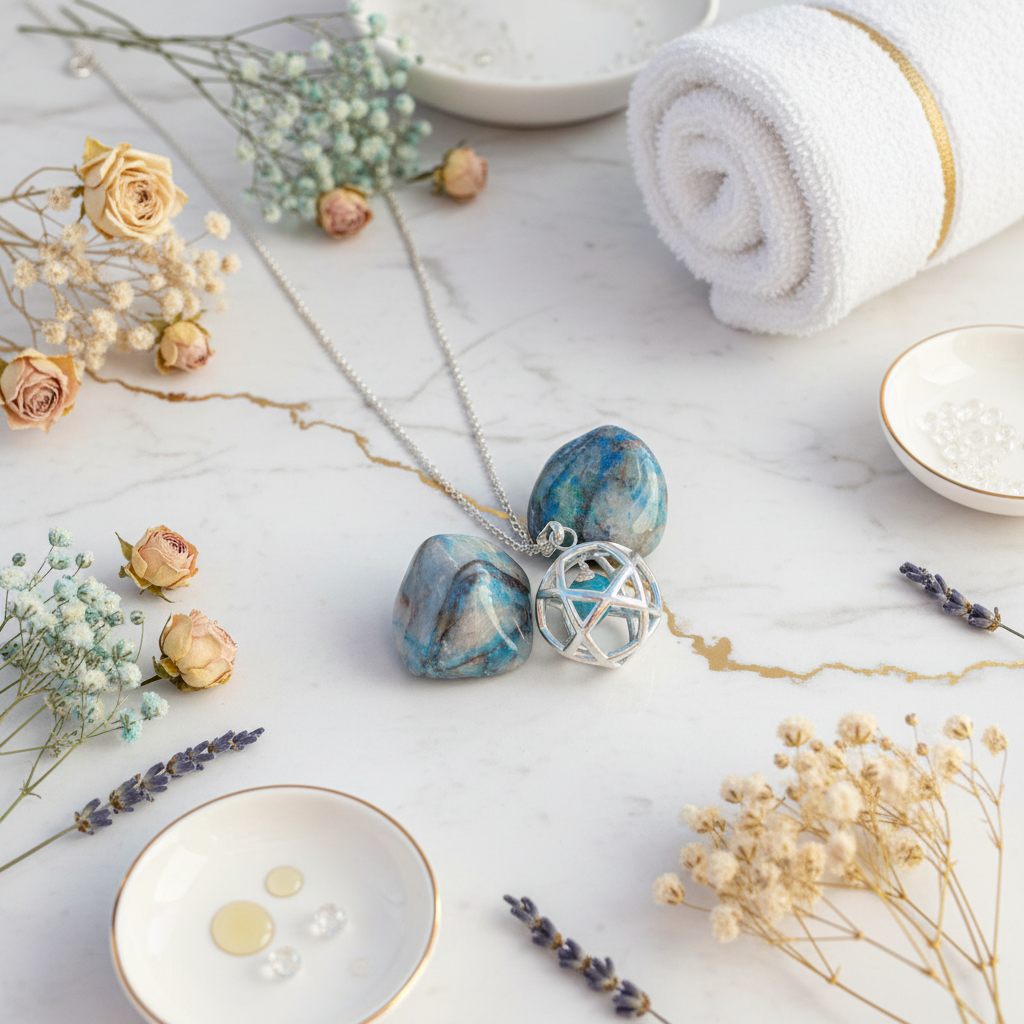 Collana Pentasfera Apatite - sfondo marmo luxury