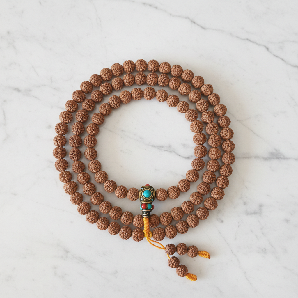 Japamala semi di rudraksha tibetano - flatlay su marmo