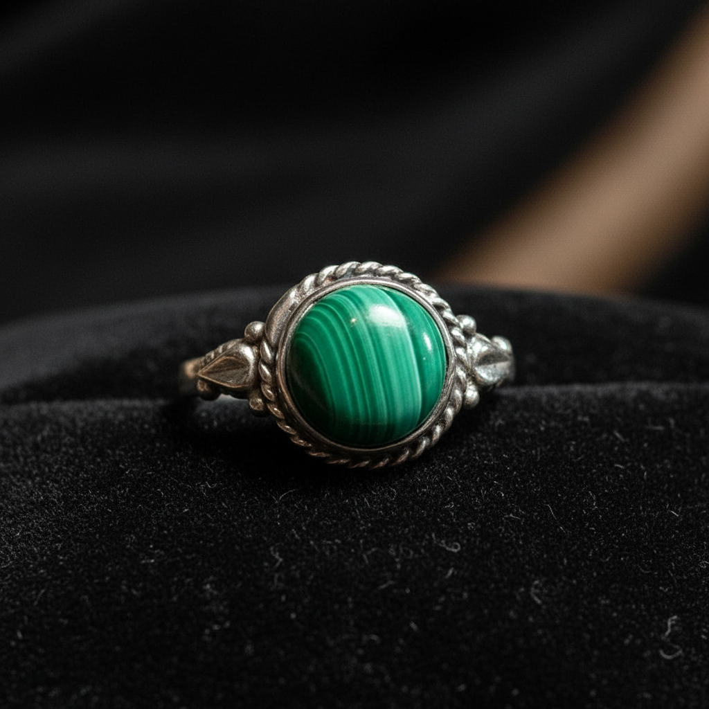 Anello Vintage in Argento con Malachite Naturale - close-up malachite