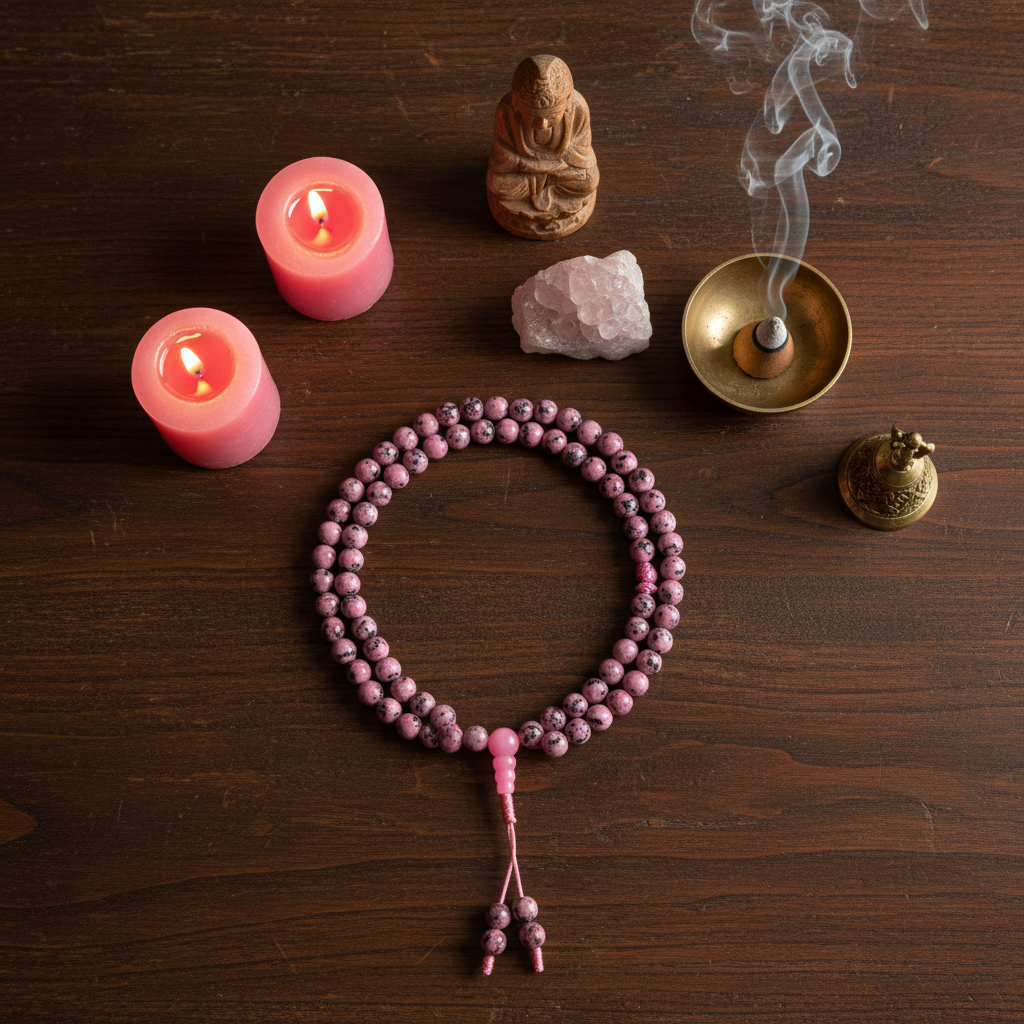 Japamala perle rosa screziata guru bead rosa - composizione rituale