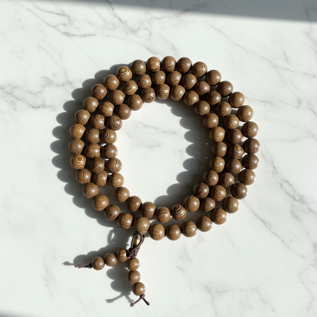 Mala legno di sandalo flatlay su marmo