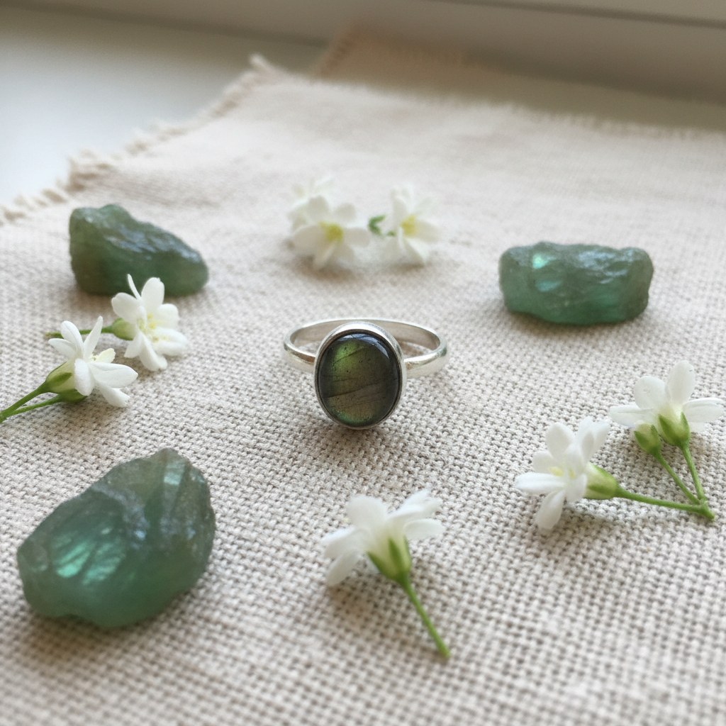Anello labradorite verde argento con fiori e cristalli