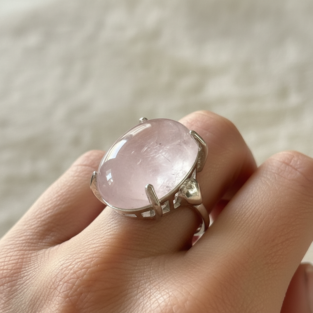 Anello quarzo rosa lifestyle indossato