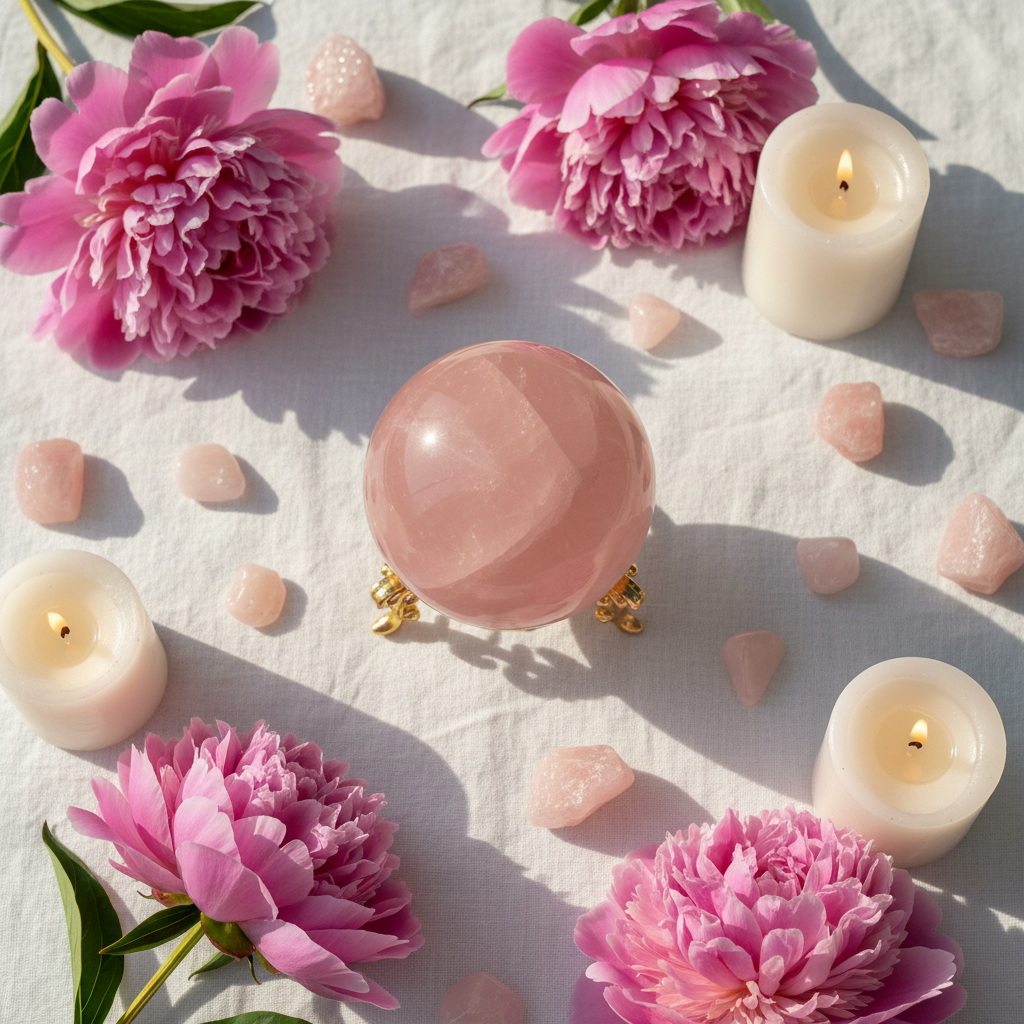 Sfera Quarzo Rosa flat lay lino con peonie e candele