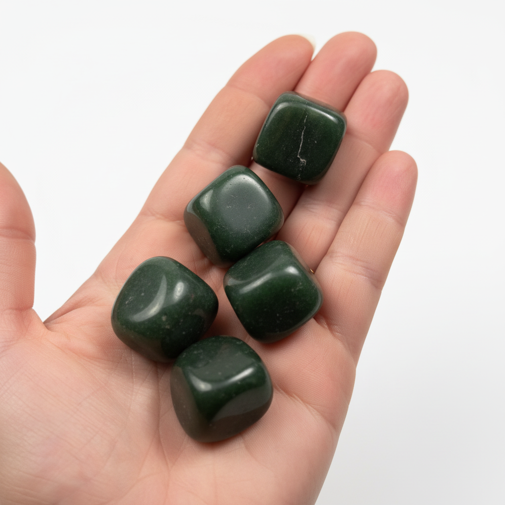 Mano che tiene giada verde tumbled