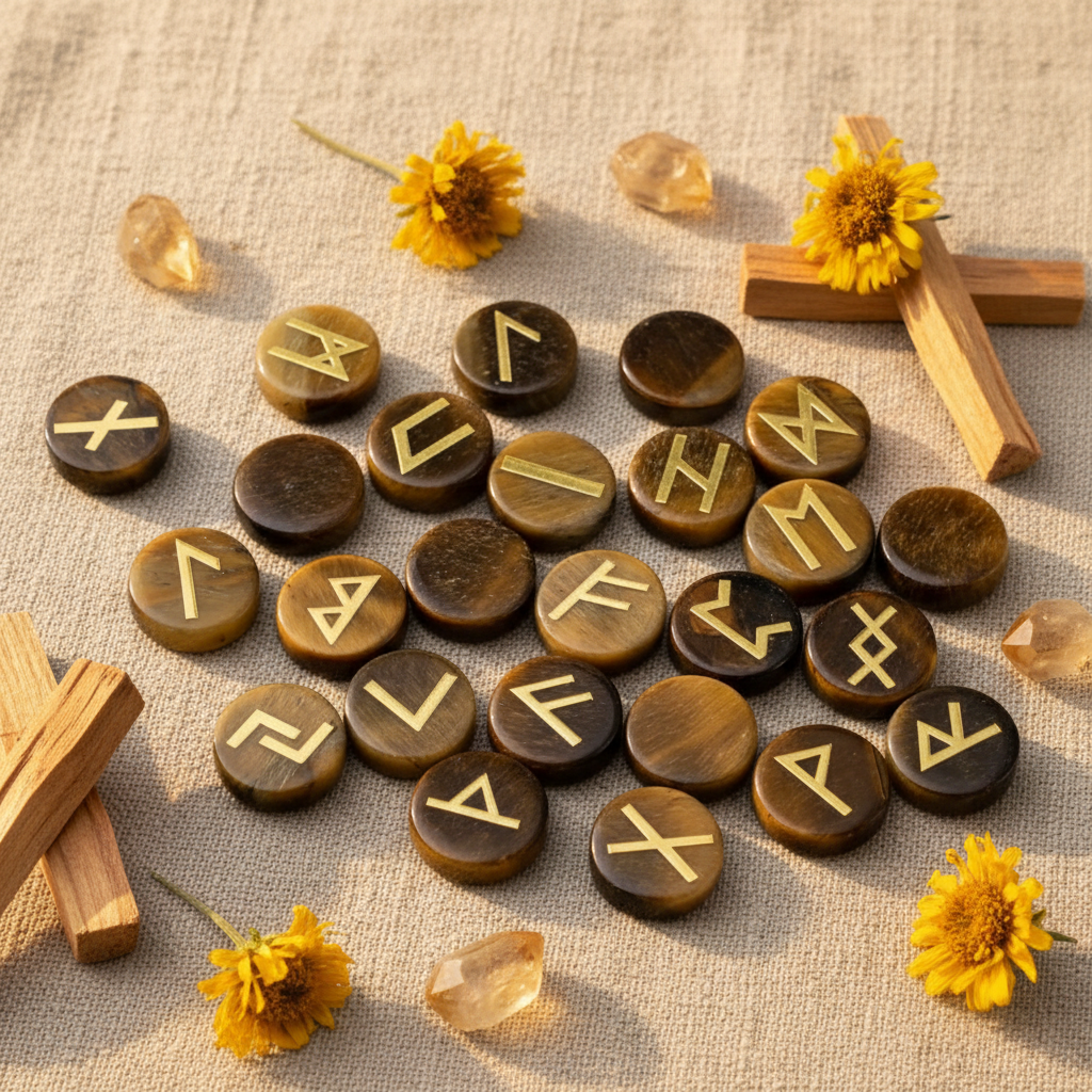 Rune in occhio di tigre con fiori gialli, citrino e palo santo su lino naturale
