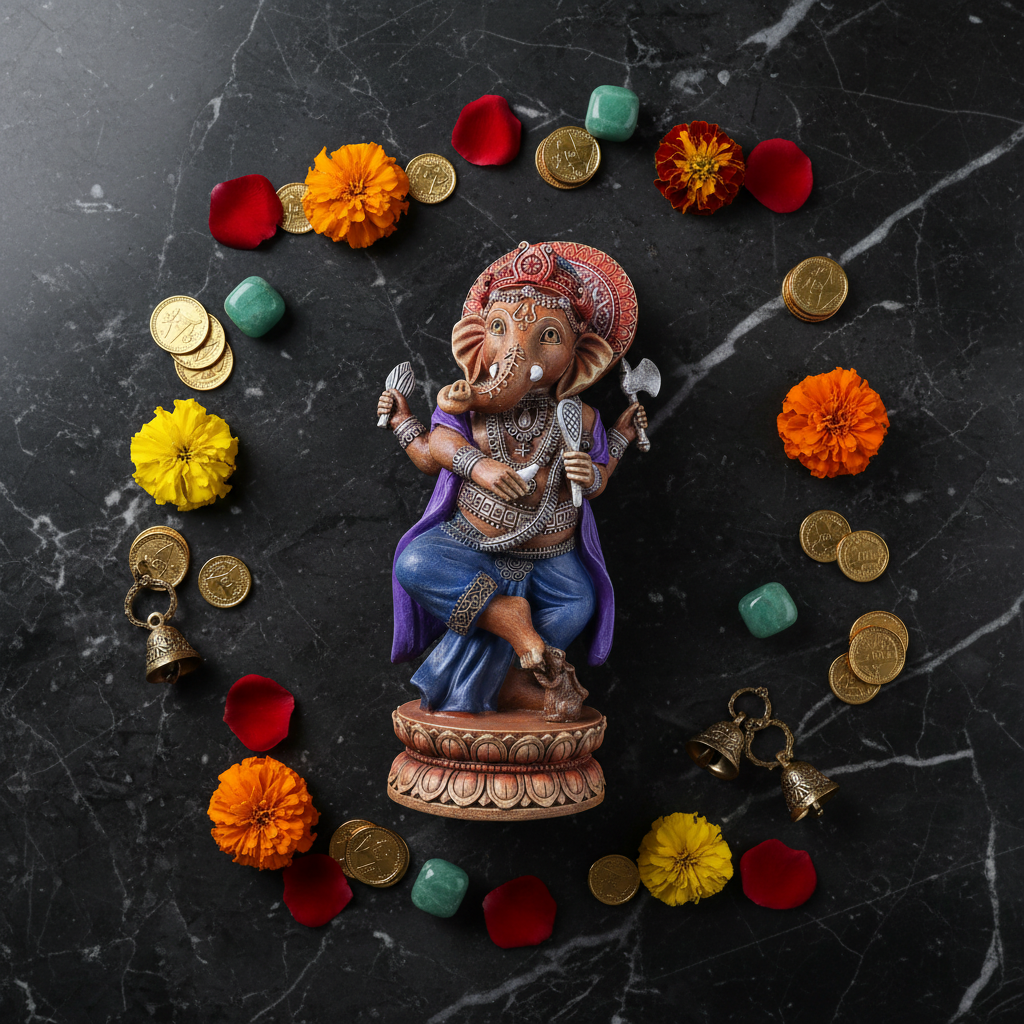 Flatlay Ganesha su marmo con rose monete e campanelle