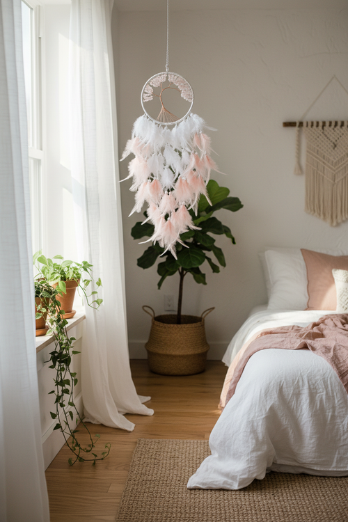Acchiappasogni quarzo rosa - appeso finestra boho